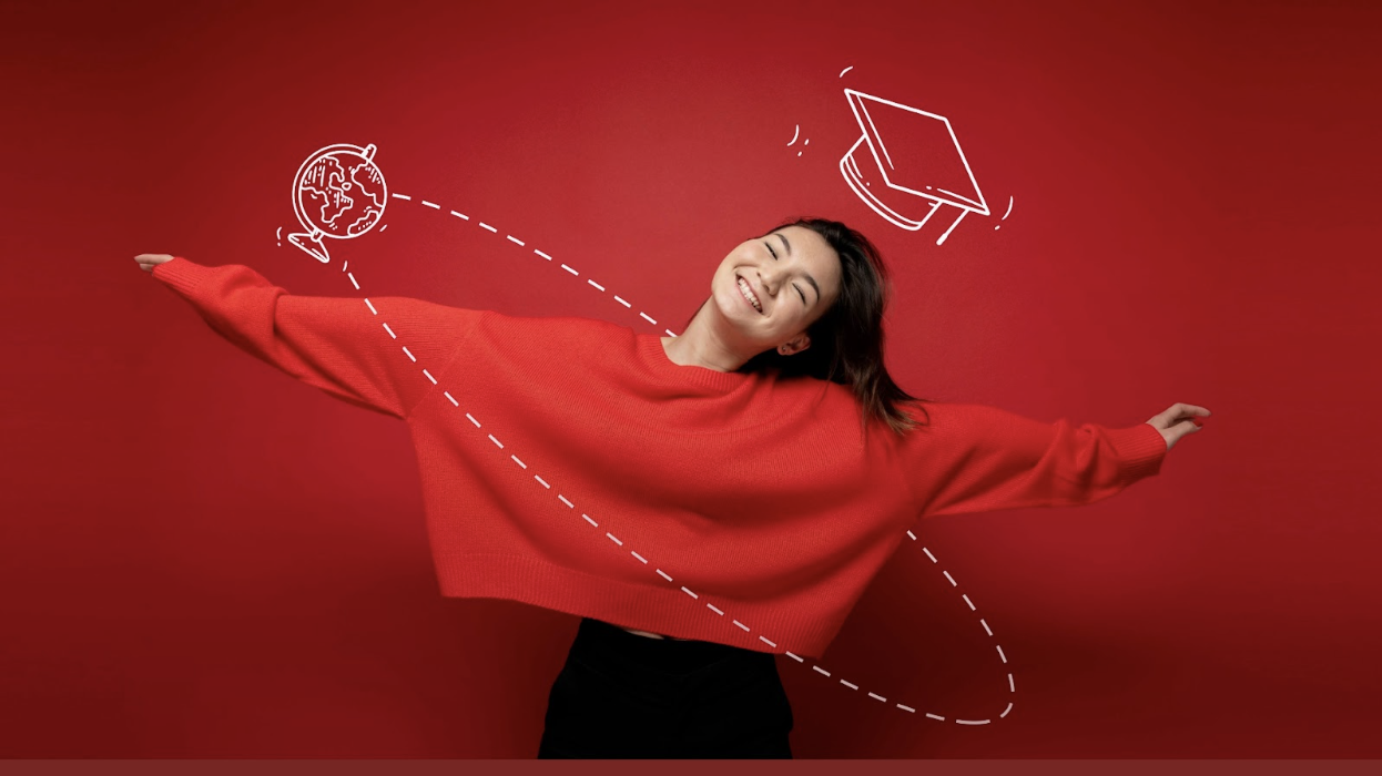 Woman in read with arms wide open